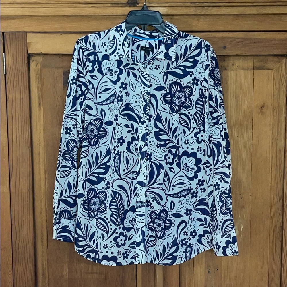 NWT TALBOTS NAVY & WHITE FLORAL PRINT BUTTON DOWN BLOUSE Sz. L
